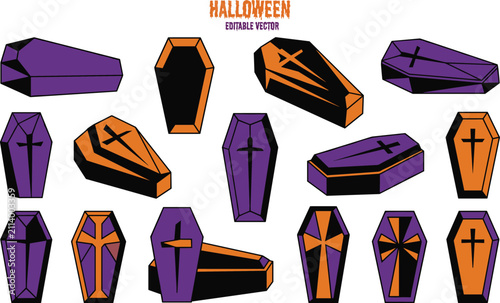 Coffin collection vector illustration with purple and orange color scheme