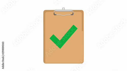 Brown clipboard with a green check mark symbol representing approval, success, and completed tasks