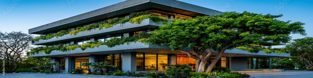 Fototapeta premium Contemporary architectural stock photography of modern ecobrutalist building facade made of smooth raw concrete panels with vertical gardens.