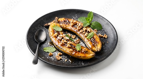 A delectable baked banana dessert, drizzled with syrup and sprinkled with chopped walnuts and fresh mint leaves, served on a dark plate, inviting a taste of sweet indulgence.