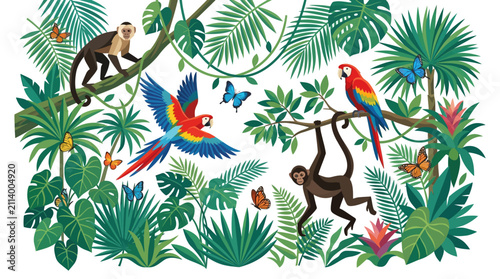 Vibrant flat illustration showcases diverse tropical rainforest flora and fauna, featuring colorful parrots, monkeys, and butterflies against a clean white background creating a lively