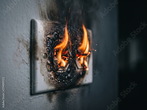 An electrical outlet engulfed in bright flames and thick smoke showing a dangerous short circuit hazard on a damaged interior home wall.