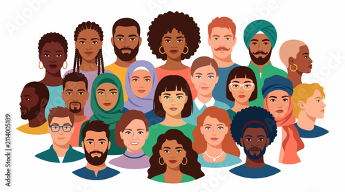 A diverse group of people from various ethnic backgrounds and cultures standing together, representing global community and inclusion.