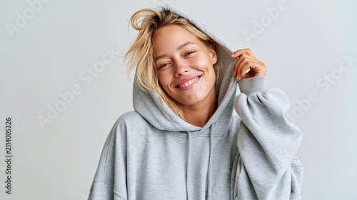 Smiling young athletic woman wearing a comfortable oversized gray hoodie on white background