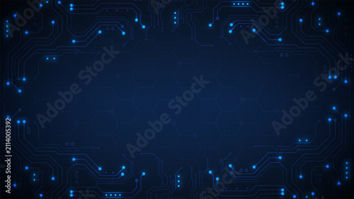 Abstract dark blue vector technology background featuring glowing cyan circuit board lines connected nodes and faint hexagonal mesh pattern surrounding central empty space