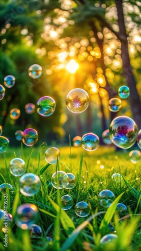A cluster of colorful soap bubbles rising from the grass in a serene park atmosphere