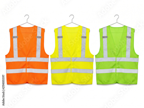 Three neon colored safety vests with reflective stripes displayed on wire hangers isolated on a clean white background for industrial use.