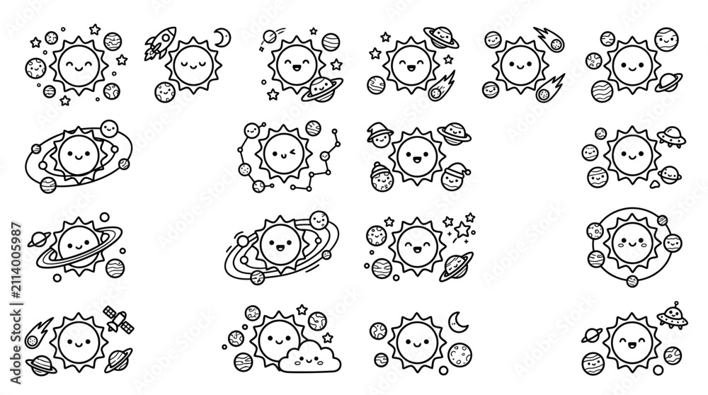 Fototapeta premium Cute Kawaii Sun Characters with Planets, Stars, and Rockets - Doodle Art Collection