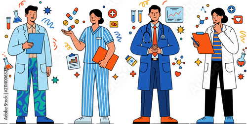 Medical Professionals Illustration with Doctors and Nurses in Lab Coats and Scrubs.