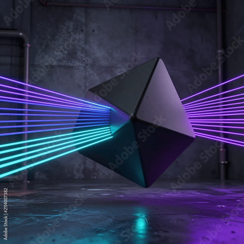 Floating black polyhedron sculpture with straight cyan and purple laser beams