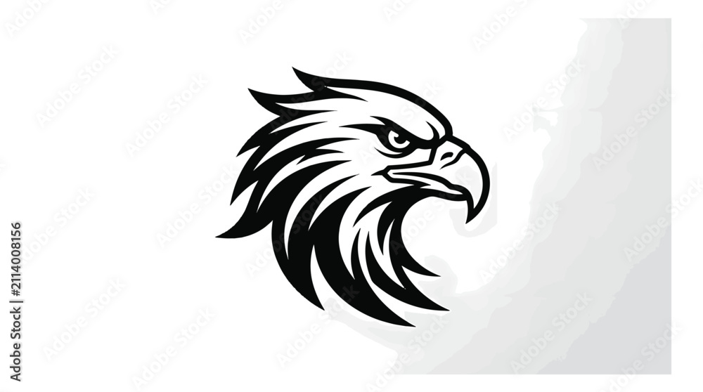 Fototapeta premium Stylized black and white eagle head logo design with sharp features and aggressive expression on a white background