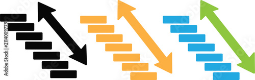 Descending stair arrows in black, orange, and green colors, vector illustration.
