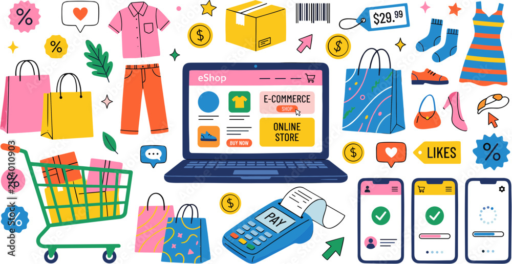 Fototapeta premium Online Shopping and E-commerce Concept Illustration with Laptop Smartphones and Retail Icons.