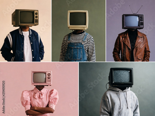 Unique characters with vintage television heads striking poses in a creative art studio setting
