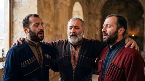 Georgian men in traditional chokha singing polyphonic music in a stone church