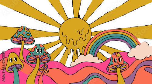 Psychedelic Retro Mushroom Landscape with Melting Sun and Rainbow in Seventies Style.