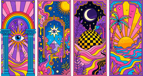 Psychedelic Tarot Card Art with Celestial and Surreal Symbols in Vibrant Neon Colors.