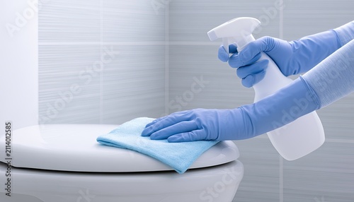 Blue-gloved hands wipe a toilet seat with a light blue cloth