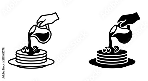 Hand Pouring Syrup on Pancakes with Berries, Breakfast Icon Set, Food Vector Art