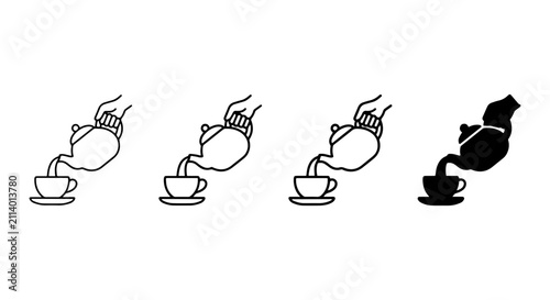 Pouring Tea Icon Set, Beverage Serving Vector Graphics, Hot Drink Preparation, Kitchenware Collection