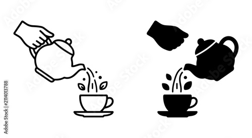 Pouring Tea Icon Set, Beverage Preparation Vector Graphics, Hot Drink Service Symbols