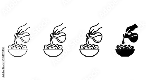 Pouring Oil into Bowl of Cereal Icons, Healthy Breakfast Food Preparation Vector Set