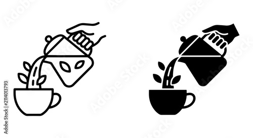 Pouring Tea Icon Set, Hot Beverage Infusion Vector Graphics, Herbal Drink Preparation
