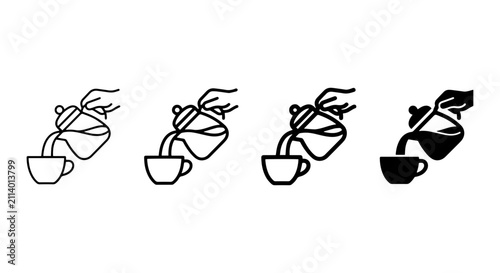 Pouring Hot Beverage Vector Icons, Coffee Tea Drink Preparation Set, Minimalist Line Art and Silhouette