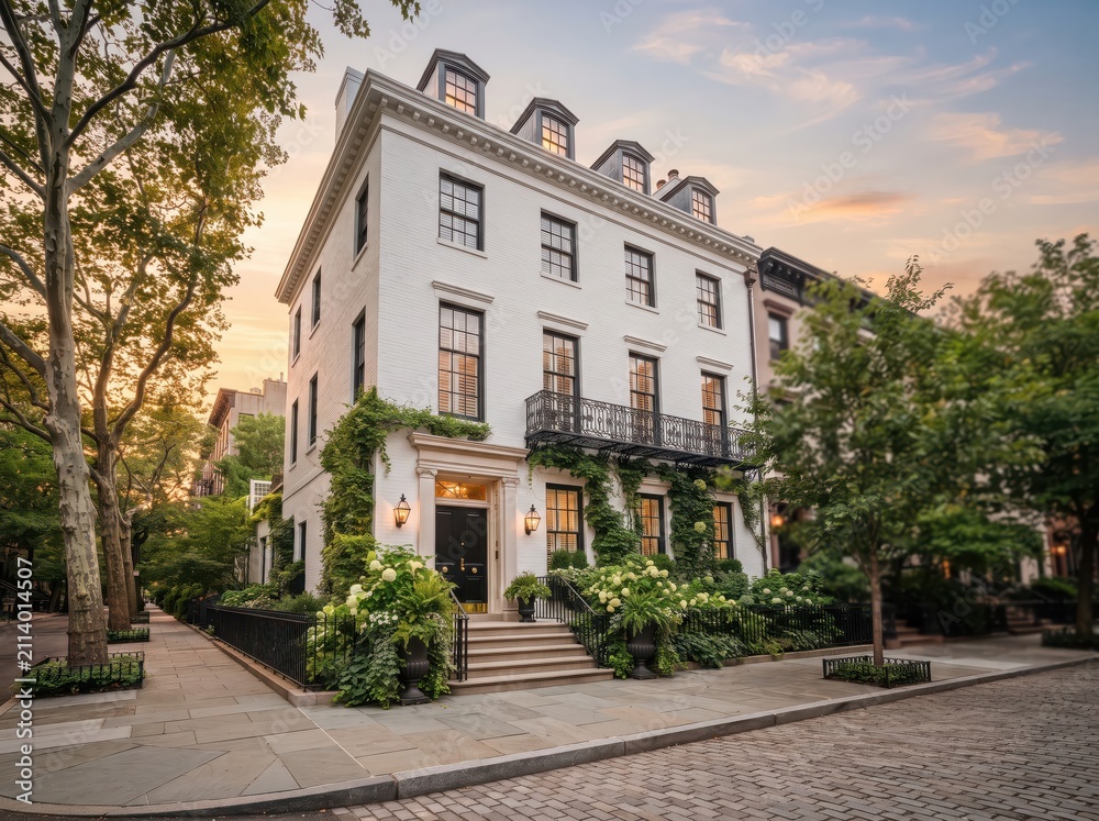Fototapeta premium White townhouse with balcony and garden on cobblestone street