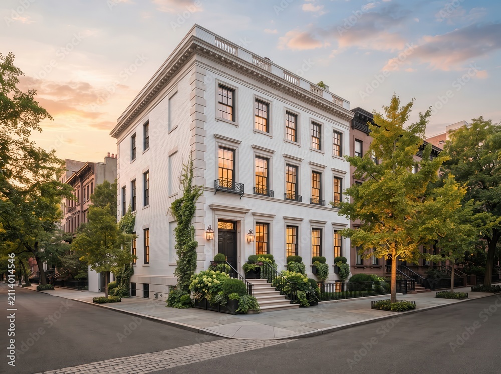 Fototapeta premium White luxury townhouse with columned entry and garden landscaping