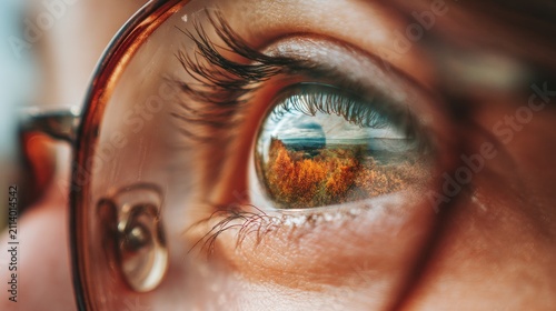 Eyeglass lenses reflect a landscape