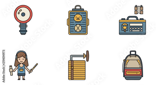 Retro Gadgets and Icons: Camera, Pet Carrier, Radio, Girl, Speaker, Backpack