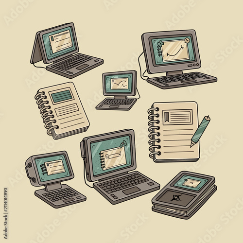 Retro Technology Devices, Laptops, Notebooks, Vintage Computer Illustration