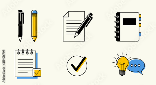 Business productivity icons with office supplies and checklists.