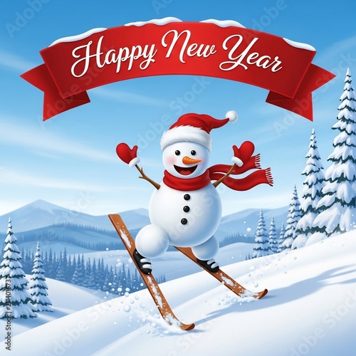 Joyful Snowman's Skiing Adventure on a Crisp New Year's Day