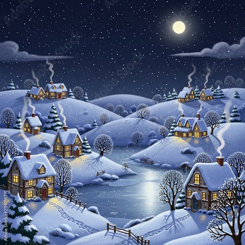 Moonlit slumber: a village dreams under starlit snow.