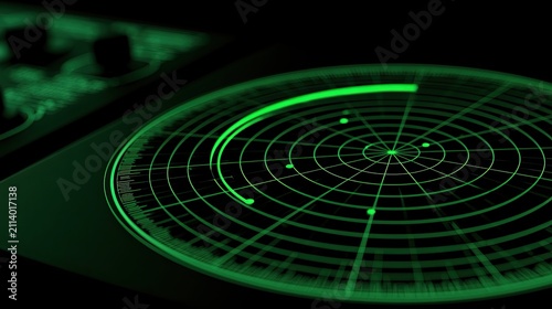 Close-up of a circular green radar screen with moving blips on a dark background