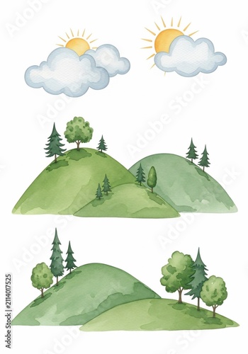 Watercolor Whispers: Sunny Hills and Sky-Dwellers
