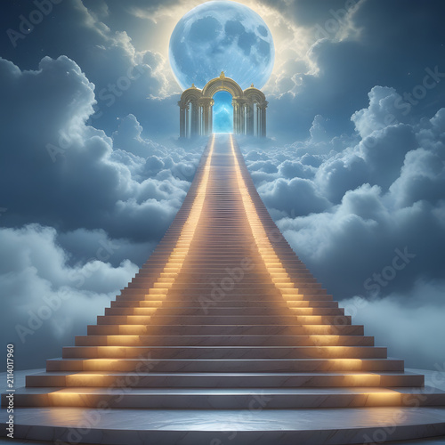 staircase and gate in heaven in the clouds, symbol of paradise
