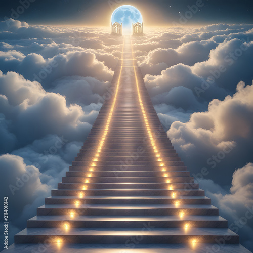 staircase and gate in heaven in the clouds, symbol of paradise
