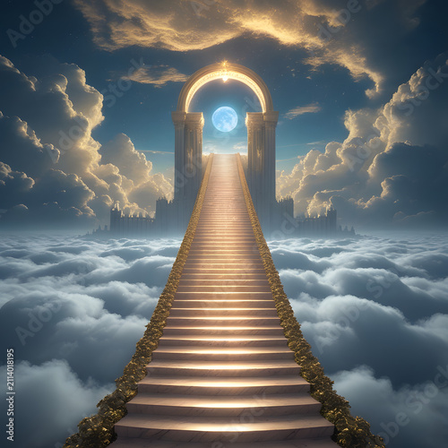 staircase and gate in heaven in the clouds, symbol of paradise
