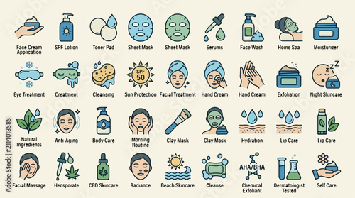 Set of Comprehensive Skincare and Beauty Treatment Icons