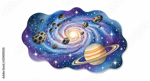 Cosmic Swirl: A Whimsical Glimpse of a Starry Spiral, Planets, and Wandering Asteroids