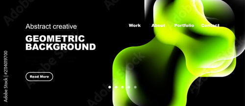 Dynamic abstract design. Vivid green shapes contrast dark background. Minimalist text elements present website navigation options.