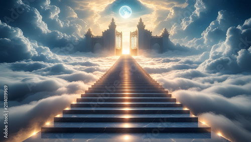 staircase and gate in heaven in the clouds, symbol of paradise
