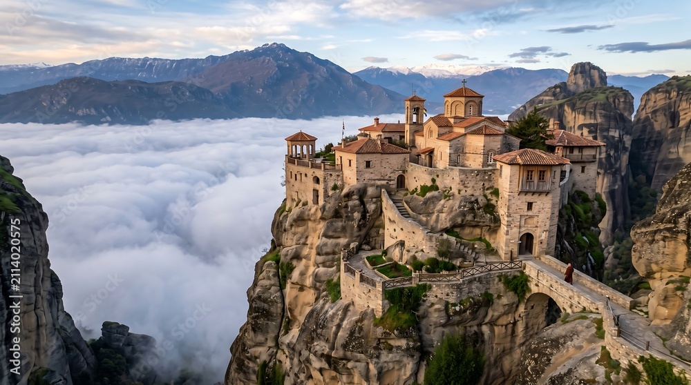 Fototapeta premium Monastery atop meteora rock formations above clouds in greece with monastery