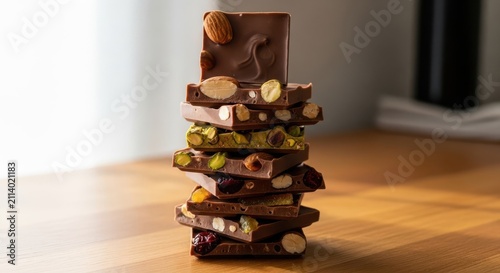 Stack of Artisanal Chocolate Bars with Mixed Nuts and Dried Fruit