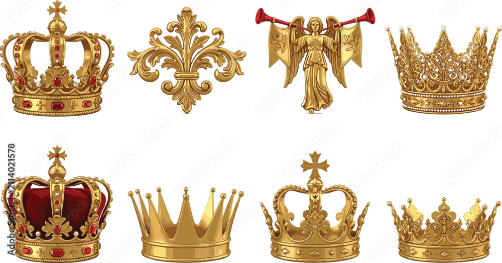 Obraz premium Luxury Golden Royal Crown and Heraldic Emblem Vector Set Featuring Ornate Imperial Crowns Fleur De Lis And Trumpet Angel Isolated On White Background