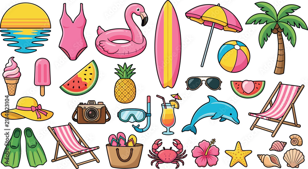 Obraz premium Summer Beach Vacation Icon Set with Surfboard Flamingo Float Swimsuit Palm Tree Beach Chair Umbrella Sunglasses and Tropical Elements Vector