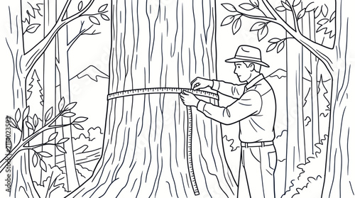 Cuadro en lienzo Forester measuring tree trunk circumference in dense woods.